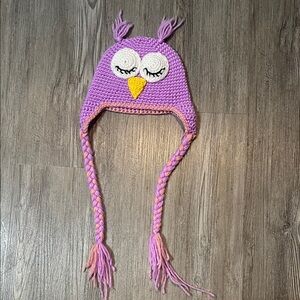 Purple Owl Knit Hat with Braids